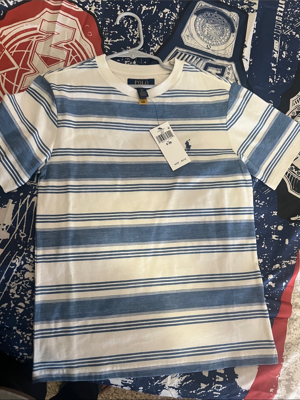 Ralph Lauren Blue and White Striped Crew Neck Tee